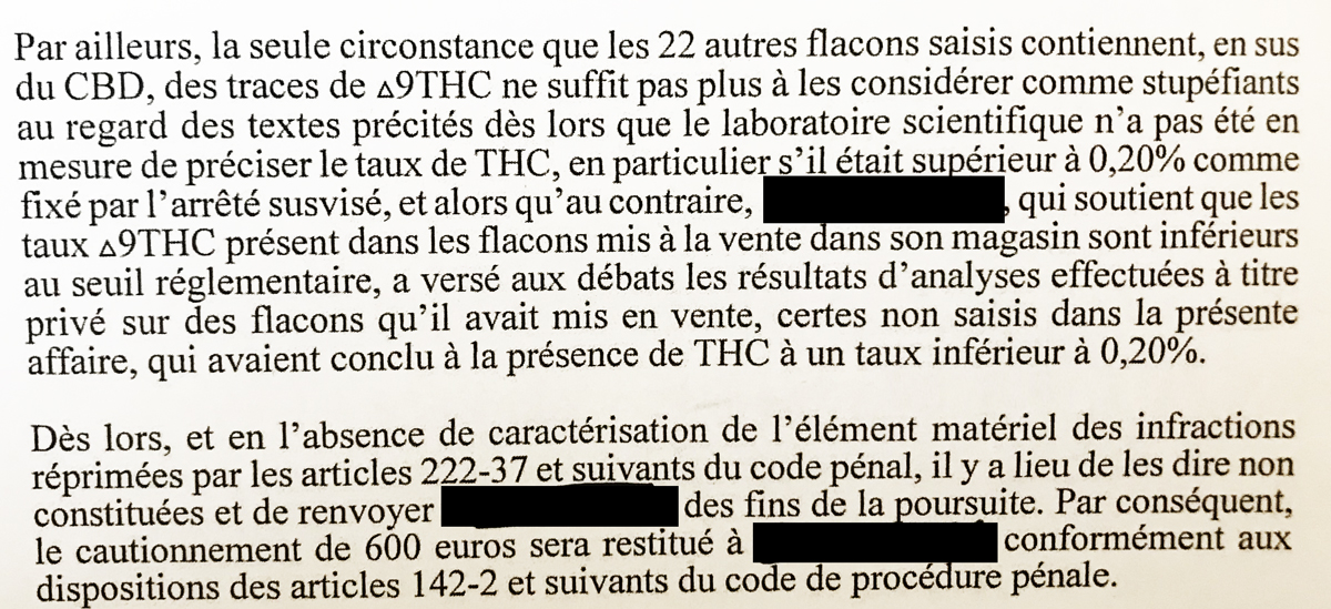 Jugement de Reims sur la présence de THC dans les produits finis